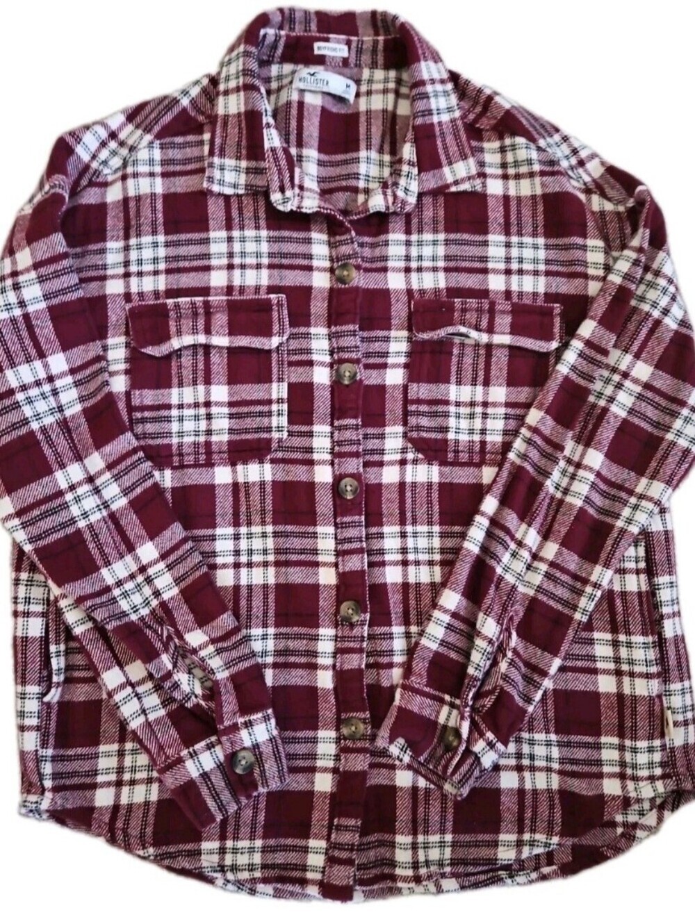 Hollister Boyfriend Fit Plaid Flannel Shirt Shacket Burgundy Size M, pockets. - Picture 2 of 5